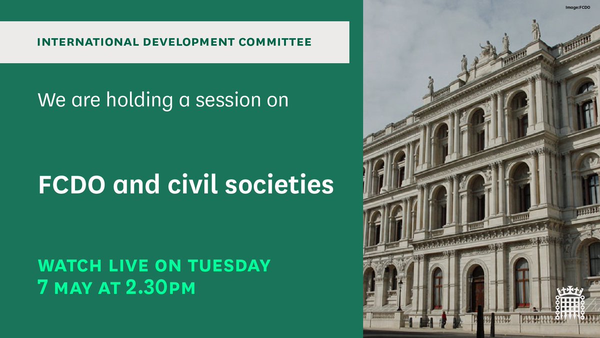 Next week, on Tuesday, we will be holding the first evidence session for our inquiry into the FCDO's support for civil society in developing countries. @SarahChampionMP Find out more here: committees.parliament.uk/event/21466/fo…
