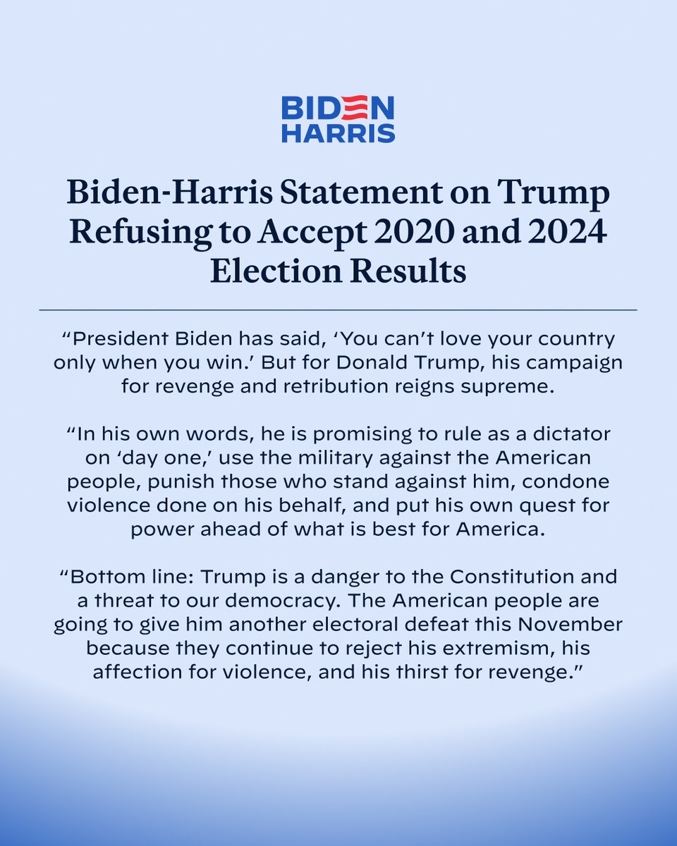 Biden-Harris campaign statement on Trump refusing to commit to accepting the 2024 election results