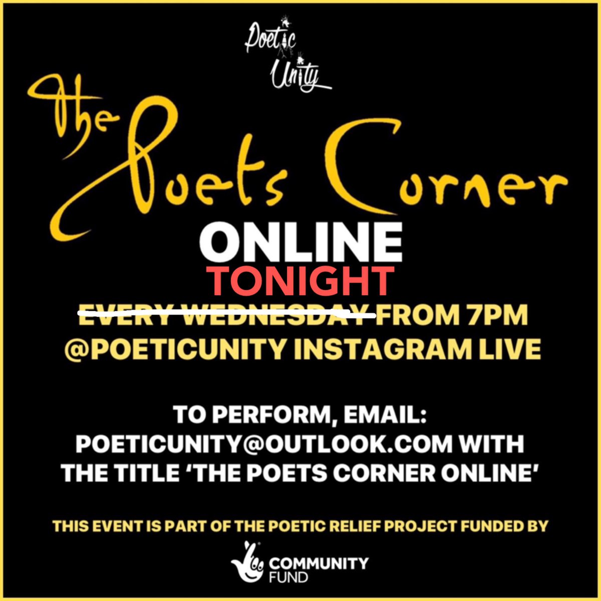 TONIGHT! After some technical issues yesterday the weekly Poets Corner Online is back tonight from 7pm! Lock in to hear some amazing poets from around the world 🌍 if you would like to perform tonight just request during the live ✨ #ThePoetsCornerOnline