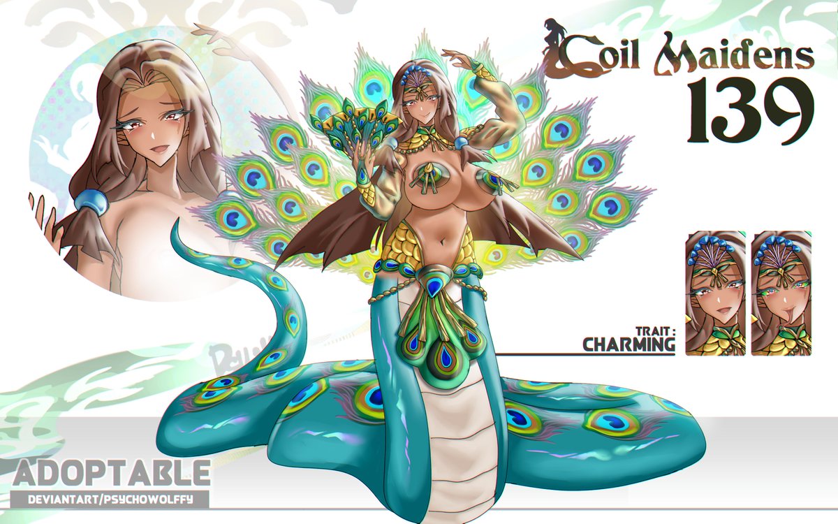 🐍Adoptable 139 Dancer Coil Tayanna🐍
Charming dancer lamia who come with allure dancing skill.
.
SB Price: 70$
AB Price: 200$
------------------------
Accept payment via:
- Wise
- Gumroad
- buymeacoffee
.
You can bid her at my deviantart/psychowolffy or reply at my 'BID HERE'.