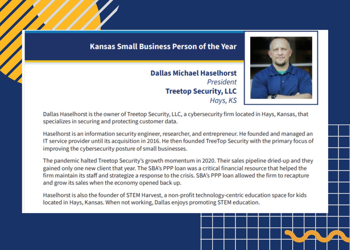 Wishing a huge congratulations to Dallas Haselhorst, a Hays resident and owner of a local cybersecurity firm, for being named Kansas Small Business Person of the Year! #NationalSmallBusinessWeek