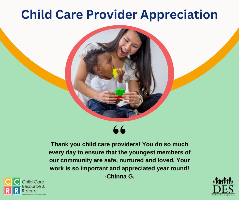 ArizonaDES's tweet photo. We’re so grateful for our certified and contracted child care providers. This is your chance to thank a provider ahead of Child Care Provider Appreciation Day! Visit our form to give thanks and make a provider’s day: https://t.co/agJVtZRCzr
#childcareproviderappreciationday https://t.co/1vBTZGDTkq