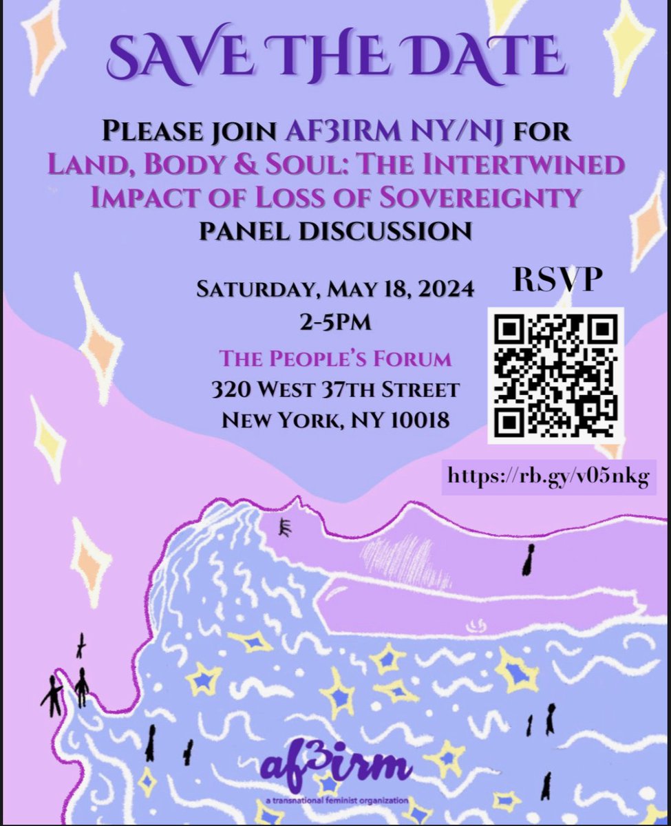 SAVE THE DATE: Join Af3irm Ny/Nj for a very special panel discussion happening May 18. click the registration link here or scan the QR code to RSVP #landback #landbodysoul #af3irm

 rb.gy/v05nkg