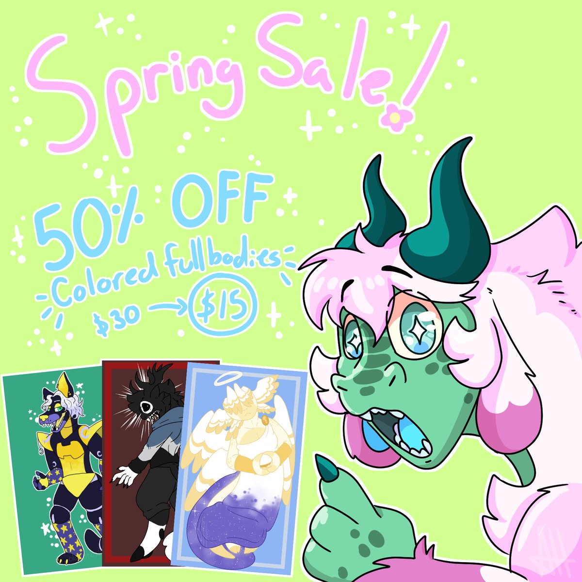 Surprise!! 
flat colored fullbodies are 50% off from today to MAY 15TH!
preferred anthro characters but i can do my best with humans!
DM for inquires! 
.
#commission #artcommission #springsale #fullbody #flatcolor #art #artist #dragon #furry #furryart #spring