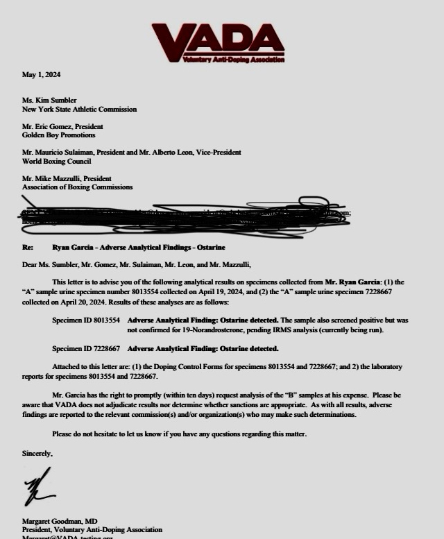 This is the VADA letter sent regarding Ryan Garcia’s two failed drug tests and a questionable result still be tested for a second banned substance. #boxing #HaneyGarcia