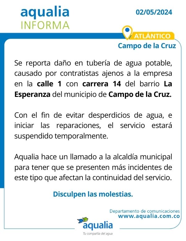 #AqualiaCol_Informa 🇨🇴 | 2 de mayo #Atlántico 📣 Infórmate aquí con nuestro último para #CampodelaCruz.

#AqualiaColombia