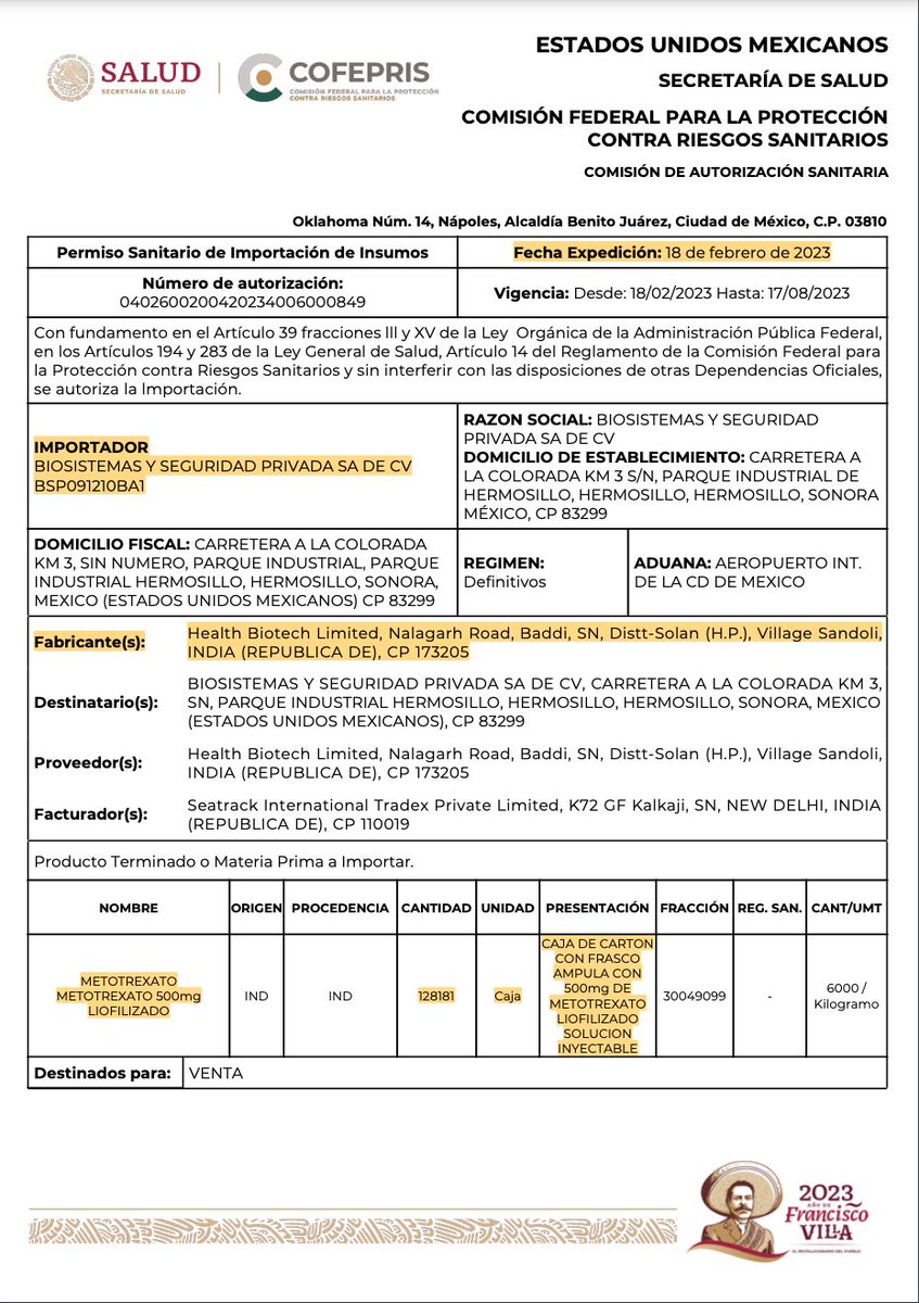 Dos meses después, la @COFEPRIS dio luz verde a la empresa manejada por Roberto Dagnino y Alfonso Dagnino Romo para que importara 128 mil 181 piezas de #metotrexato que entrarían por el AICM. ¿El fabricante? Health Biotech Limited, empresa establecida en India. 3/5