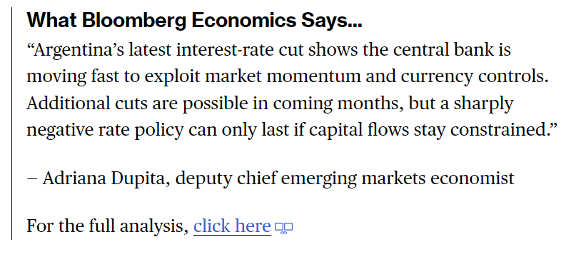 Stephen Wicary (@wicary) on Twitter photo Argentina cuts its key lending rate to 50%, the third move in three weeks as Javier Milei’s officials bet on a sustained inflation slowdown and race to shrink the central bank’s interest-bearing liabilities, <a href="/manuelatobiasm/">Manuela Tobías</a> <a href="/simauchi_/">Kevin Simauchi</a> report bloomberg.com/news/articles/… Argentina cuts its key lending rate to 50%, the third move in three weeks as Javier Milei’s officials bet on a sustained inflation slowdown and race to shrink the central bank’s interest-bearing liabilities, <a href="/manuelatobiasm/">Manuela Tobías</a> <a href="/simauchi_/">Kevin Simauchi</a> report bloomberg.com/news/articles/…