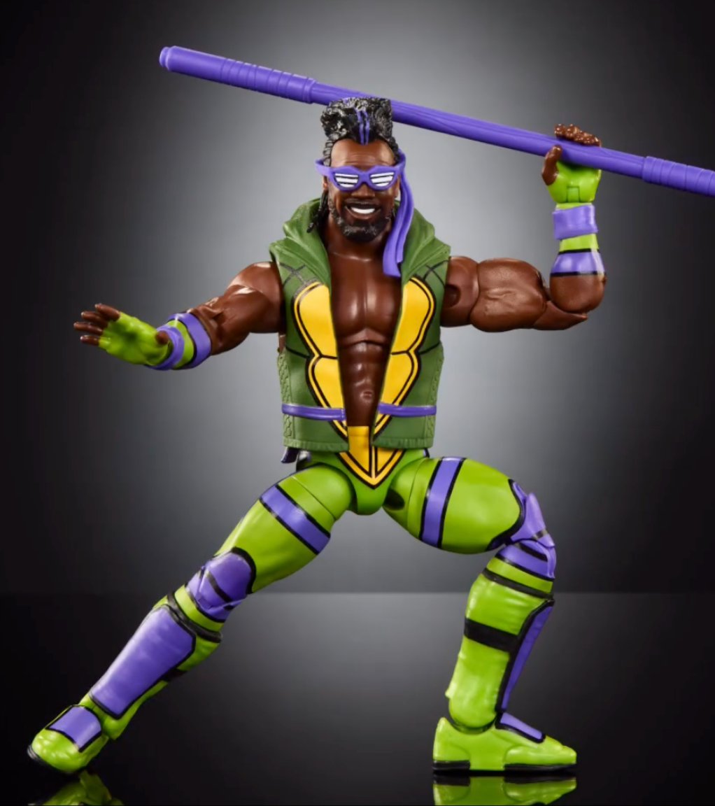 Official images for Mattel's #TMNT x WWE Kofi Kingston As Michelangelo and Xavier Woods As Donatello figures