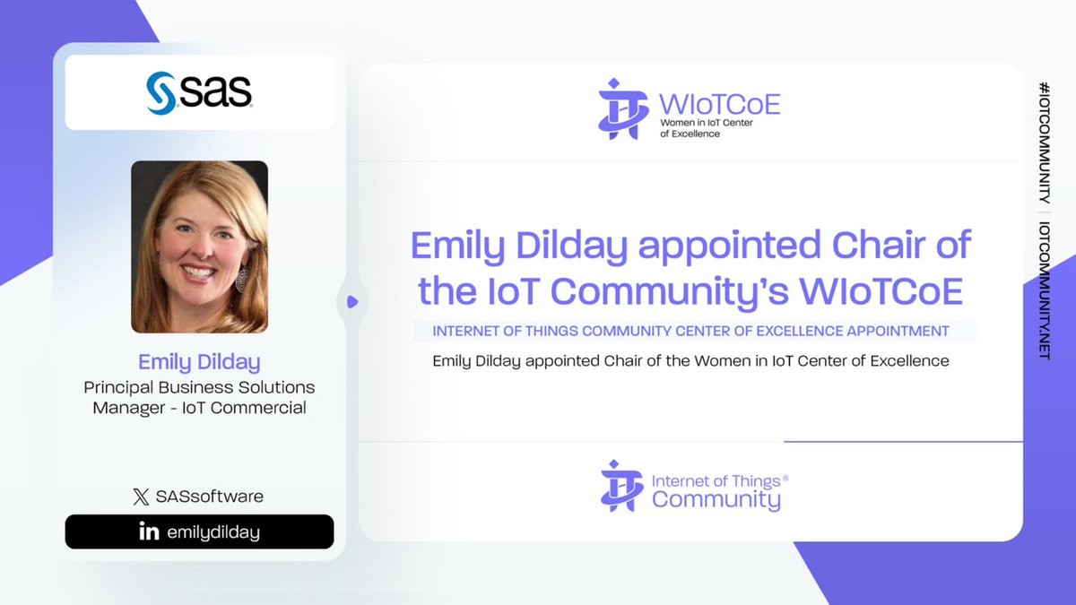 The @IoTCommunity is thrilled to announce that @EmilyDilday, Principal - Global AI and IoT Team, @SASsoftware, has been appointed Chair of the WIoTCoE. Please join us in congratulating Emily on her new role within the #IoTCommunity. iotpractitioner.com/emily-dilday-s… #WIoTCoE #IoT #IoTSlam