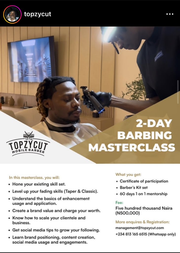 Learn to cut hair with Topzycut with just #500,000 naira.