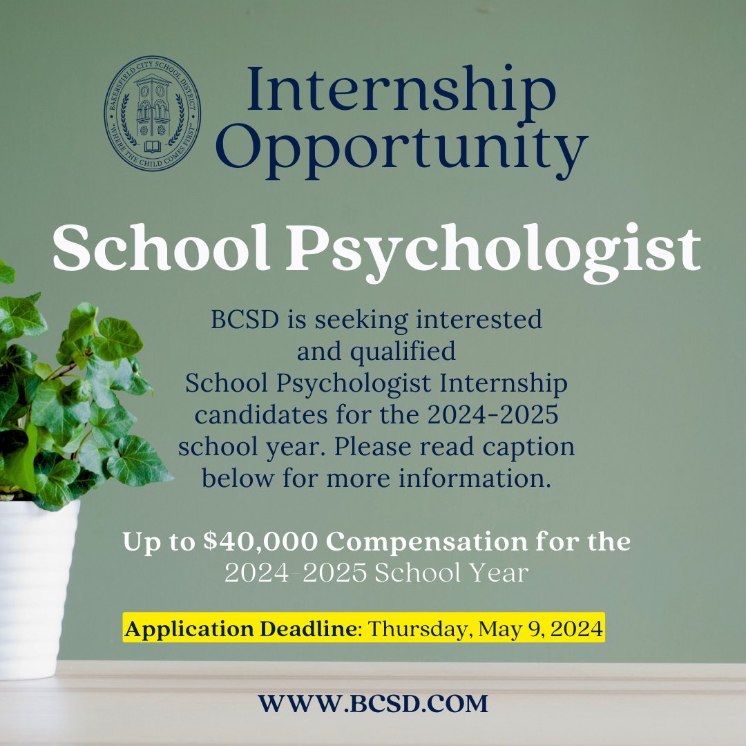 BCSD is seeking interested and qualified School Psychologist Internship candidates for the 2024-2025 school year. Selected internship candidates will receive compensation not to exceed $40,000 for the 2024-2025 school year. Application: qrco.de/bf1UyY