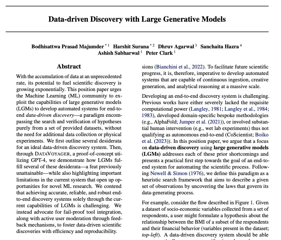 Incredibly proud of our teamwork, now in @icmlconf! This position starts a series of work on data-driven scientific discovery w generative models. Follow-ups coming soon on benchmarks, systems, & accessibility in science! arxiv.org/abs/2402.13610 #ICML2024 @allen_ai @ai2_aristo