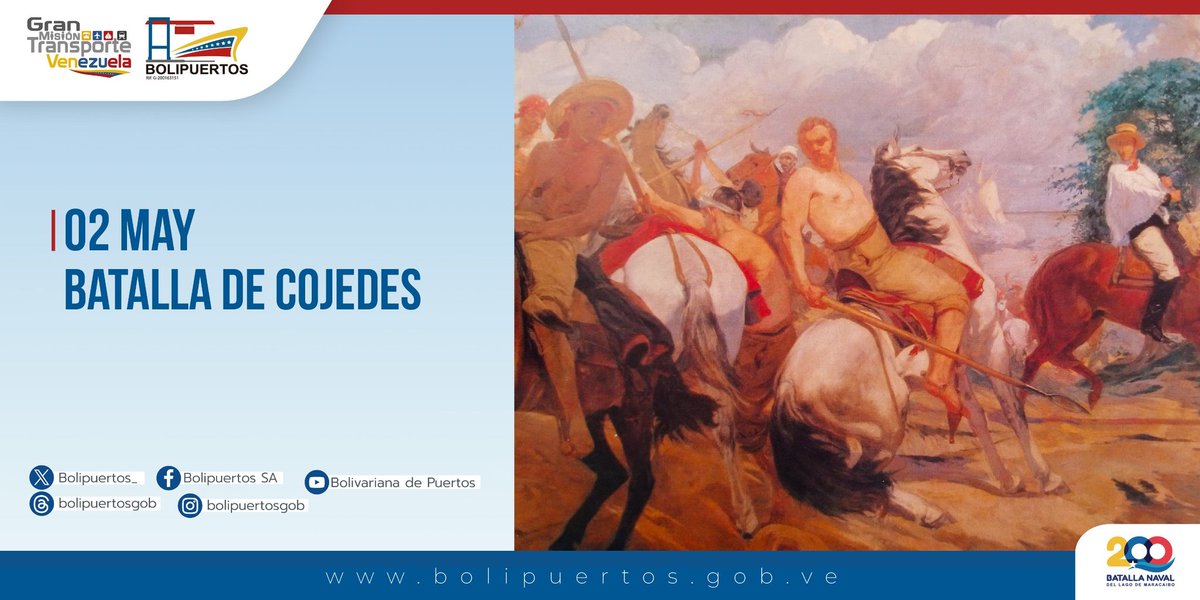 #Efemérides 🗓️Tal día como hoy en 1818 un combate comandado por Sebastián de La Calzada en el bando de Los Realistas y el ejército patriota liderado por José Antonio Páez protagonizaron la Batalla de Cojedes, una contienda consagrada en el marco de las guerras de independencia