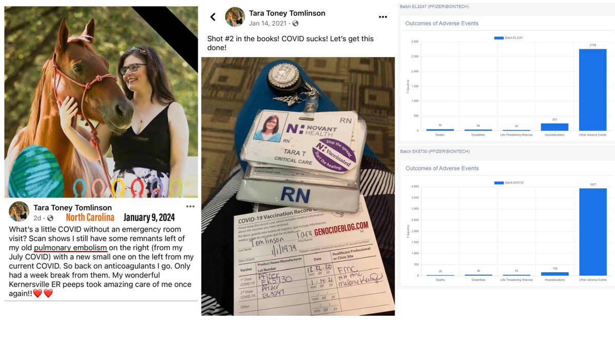 Kernersville, NC - ICU Nurse Tara Toney Tomlinson had a pulmonary embolism on July 23, 2023 Pfizer EK5730 Pfizer EL3247 Both are COVID-19 mRNA Vaccine 'hot lots', 'bad batches' - highly lethal but she has no idea. 'Back on anticoagulants I go' #DiedSuddenly #cdnpoli #ableg