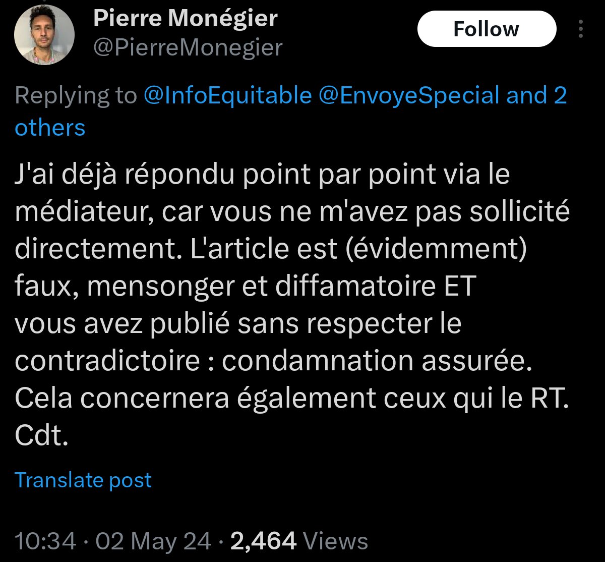 Suite à la remise en cause d'une partie de son reportage pour #EnvoyeSpecial, @PierreMonegier avait cité le post, et donné une explication qui rendait les choses encore plus douteuses.

On a appris hier via @InfoEquitable que le journaliste qui a fourni cette partie se révèle…