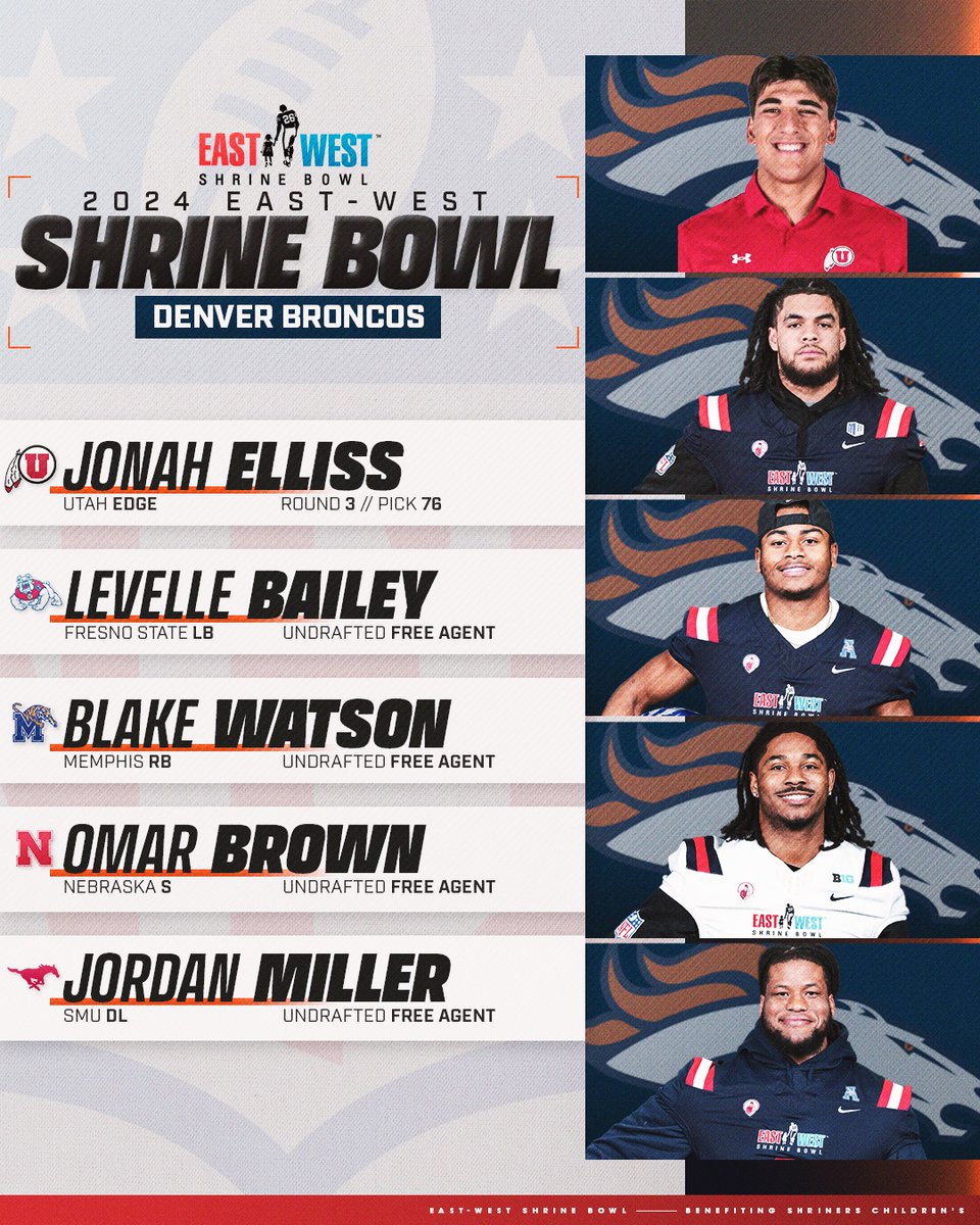 From the #ShrineBowl to the Mile High City 💫 Jonah Elliss (@jonah_elliss) 💫 Levelle Bailey (@LevelleBailey6) 💫 Blake Watson (@BlakeWatson_2) 💫 Omar Brown (@Omeezyy12) 💫 Jordan Miller (@MILLJ70) #ShrineBowlWHOSNEXT | #BroncosCountry