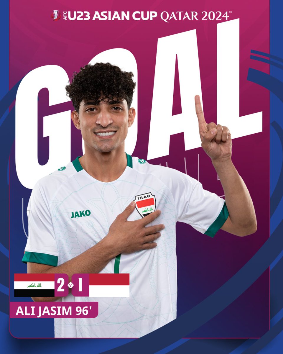 96' - Iraq take the lead!

⚽️ Goal scored: Ali Jasim 
🅰️ Assist: Muntadher Mohammed

2️⃣ 🇮🇶 ➖️ 🇮🇩 1️⃣

#AFCU23 | #IRQvVIE