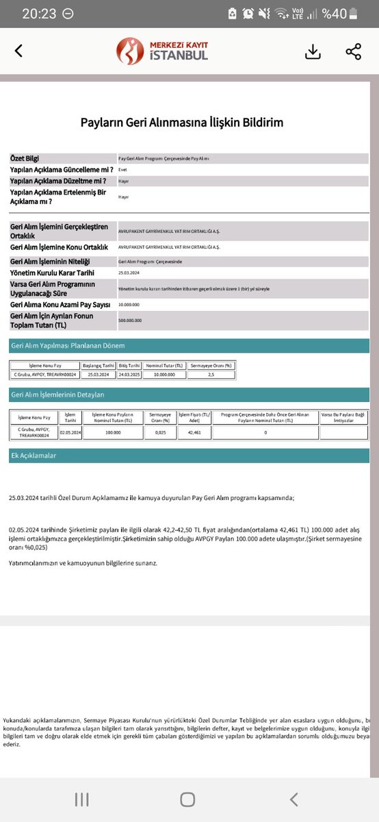 #avpgy Biraz geç kalınmış olsa da Mart ayında duyurulan geri alım fiili olarak başlamış. Çok olumlu! 10 ml lot veya 500 ml TL limit var. Bunlar fiyat istikrar alımı olan 50 maliyetli 17 ml lota ilave alınacak. İnşallah zor durumdaki yatırımcısının rahatlamasına vesile olur. Ytd