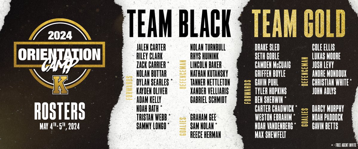 Orientation Camp rosters are HERE! 🚨

It's Team Black⚫️ against Team Gold🟡 this weekend as we welcome prospects to the Limestone City!

#BearTheK