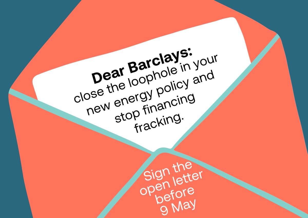 .@Barclays' new energy policy has a carve out for US fracking clients. Yes, fracking Thankfully the folks @ShareAction are applying pressure to get them to close this loophole Sign the open letter which will be handed to execs at AGM next week action.shareaction.org/page/143704/pe…