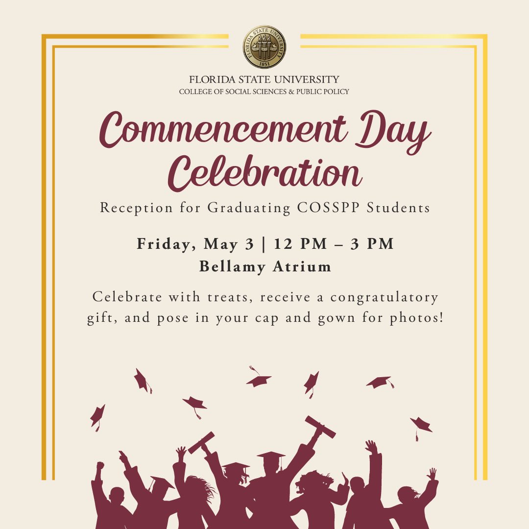 @FSUCOSS invites our Spring 2024 graduates and their families and friends to a come-and-go reception on Friday, May 3, from 12 - 3 p.m.❤️🎓🥳 All ISS students, please send us your Graduation photos either through DM or email to ISS-Information@fsu.edu