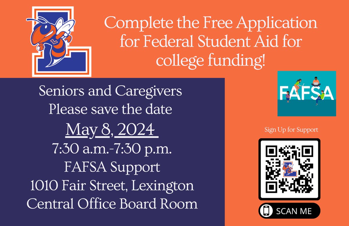 Spread the word and help others unlock financial aid opportunities! 📢✨ Share this post and encourage your friends and family to sign up for FAFSA assistance at Lexington Senior High School on May 8th. Together, we can make college dreams a reality! #FAFSA #CollegeAccess