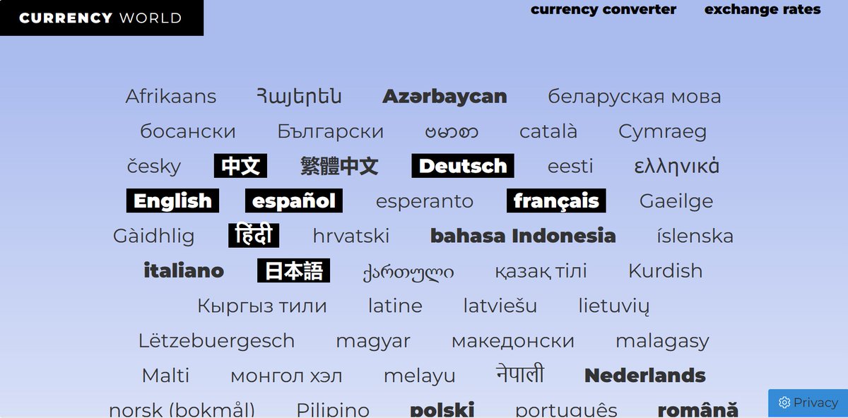 Currency World is available in 67 languages!

#español #中文 #हिंदी #日本語 #Deutsch #français #italiano #русский #italiano #português 

currency.world