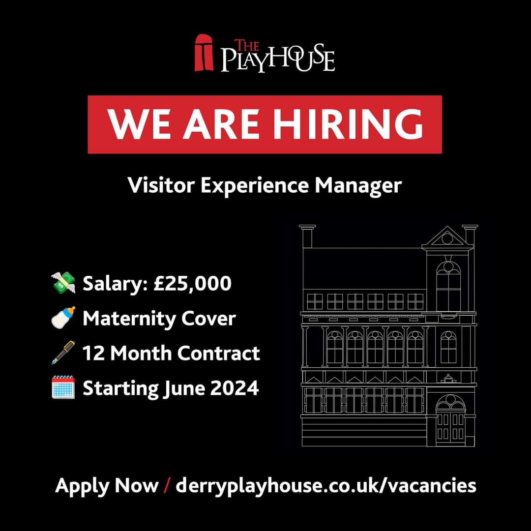 𝐖𝐄 𝐀𝐑𝐄 𝐇𝐈𝐑𝐈𝐍𝐆 Please share with anyone who may be interested in this role at The Playhouse 🎭 Apply Now 📲 derryplayhouse.co.uk/vacancies