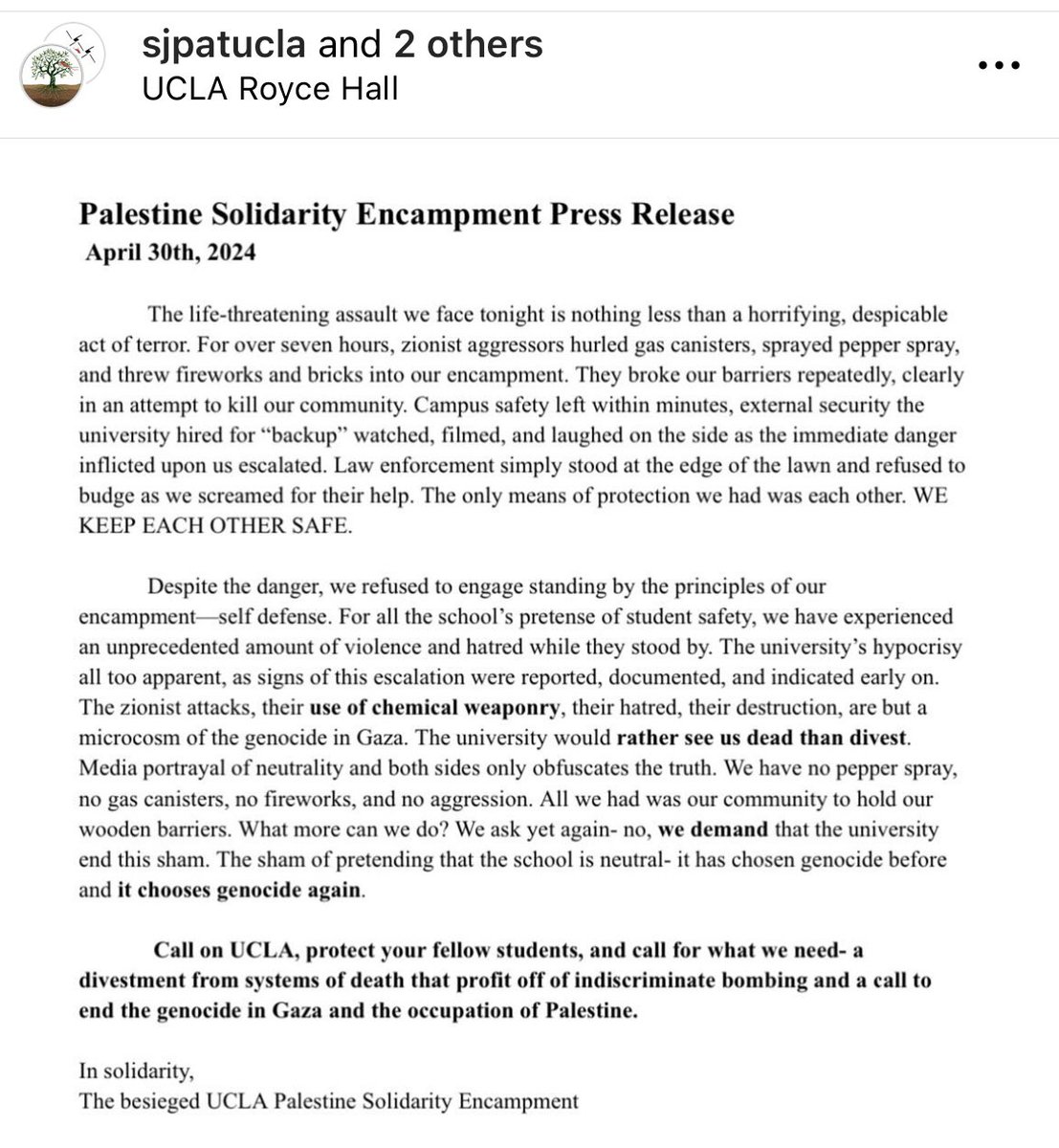 Disgusting+unsurprising how politicians & mainstream media are spinning the story of student activism vs police violence. & I reshare voices @SJPatUCLA in the wake of Zionist attacks at Ucla (early Wed) so we don’t forget voices of those who actually endured the violence, unarmed