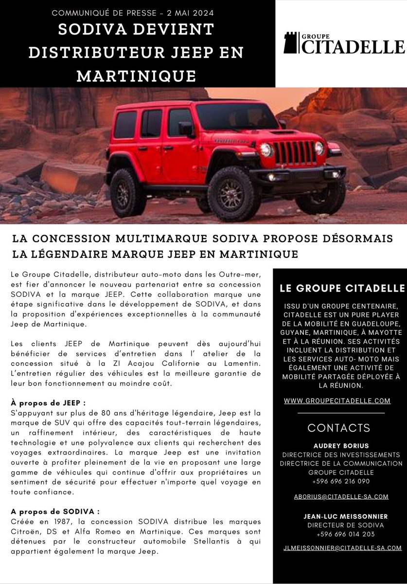 #OutreMer #Martinique #Automobile #Jeep #Sodiva #GroupeCitadelle : La concession multimarque SODIVA Martinique, filiale du Groupe CITADELLE, devient le nouveau distributeur officiel de Jeep en Martinique