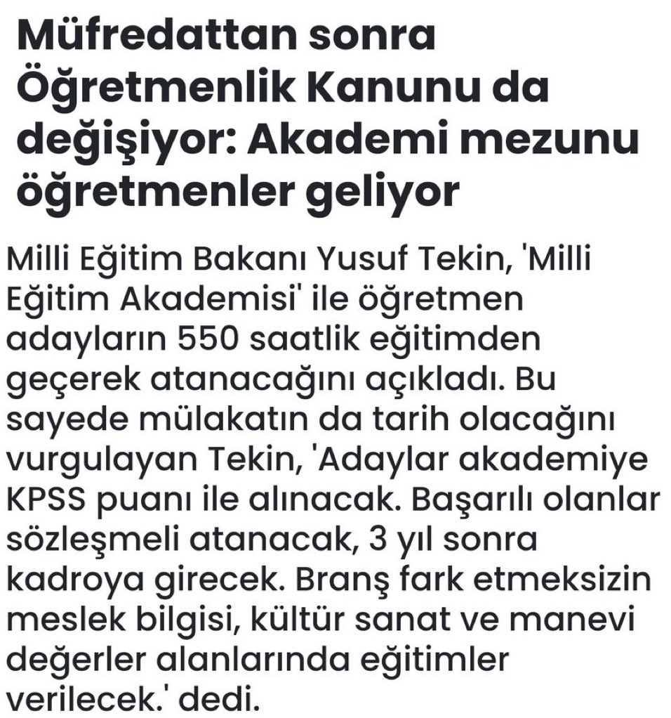 Öğretmen akademisi eğitim fakültelerini ve burada verilen lisans eğitimini anlamsızlaştırıyor. Ayrıca öğretmen olmak için gerekli nitelikleri değiştiriyor. Öğretmenler alan bilgisi, pedagojik formasyon ve genel kültür bilgisine göre atanır manevi değerler bilgisine göre değil.