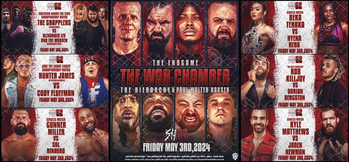 Join us TOMORROW, May 3rd, for #SHW62! Seven HUGE matches including the return of the #WarChamber! Our special guest match-maker @PWHIsAWrestler will join The Hierarchy to take on The Endgame inside the dangerous steel structure! Spread the word and DO NOT miss this show!
