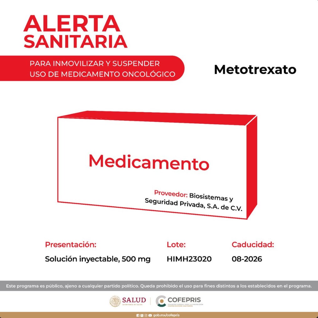 Y quien autorizó la entrada del metotrexato a México fue quien ordenó inmovilizarlo y suspender su uso. @COFEPRIS emitió una alerta sanitaria el martes pasado debido a que al menos dos entidades notificaron 'irregularidades' en un lote del medicamento oncológico. 4/5