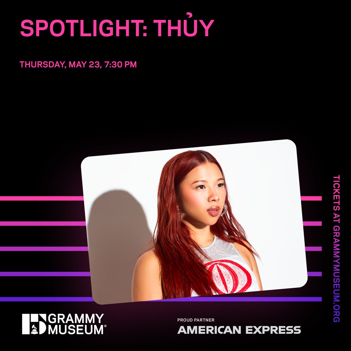 Join @thuymusic_  at the @grammymuseum in Downtown Los Angeles on May 23 for a special conversation and performance! American Express Early Access is available May 2 at 10:30am PT, general sale begins May 4 at 12pm PT.

Ticket Link: universe.com/events/spotlig…