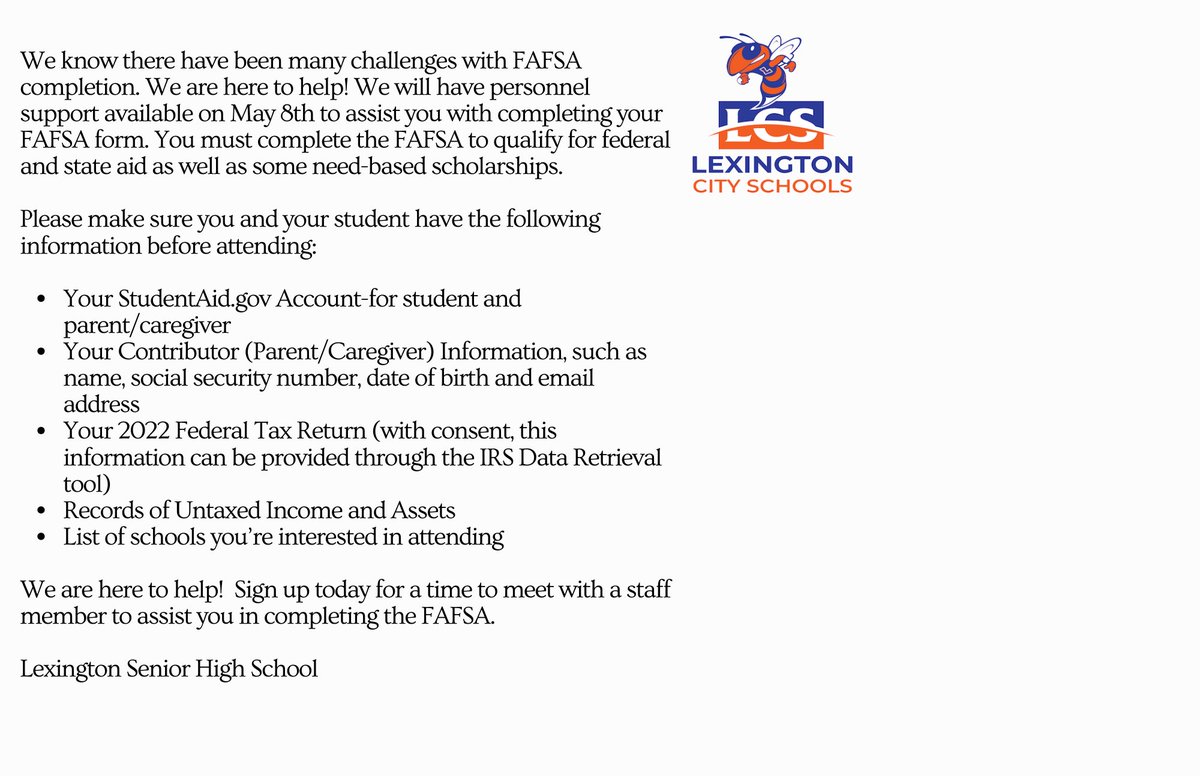 Share this post and remind your friends to bring their FAFSA essentials to our support session at Lexington Senior High School on May 8th. Let's make college dreams a reality, together! #FAFSA