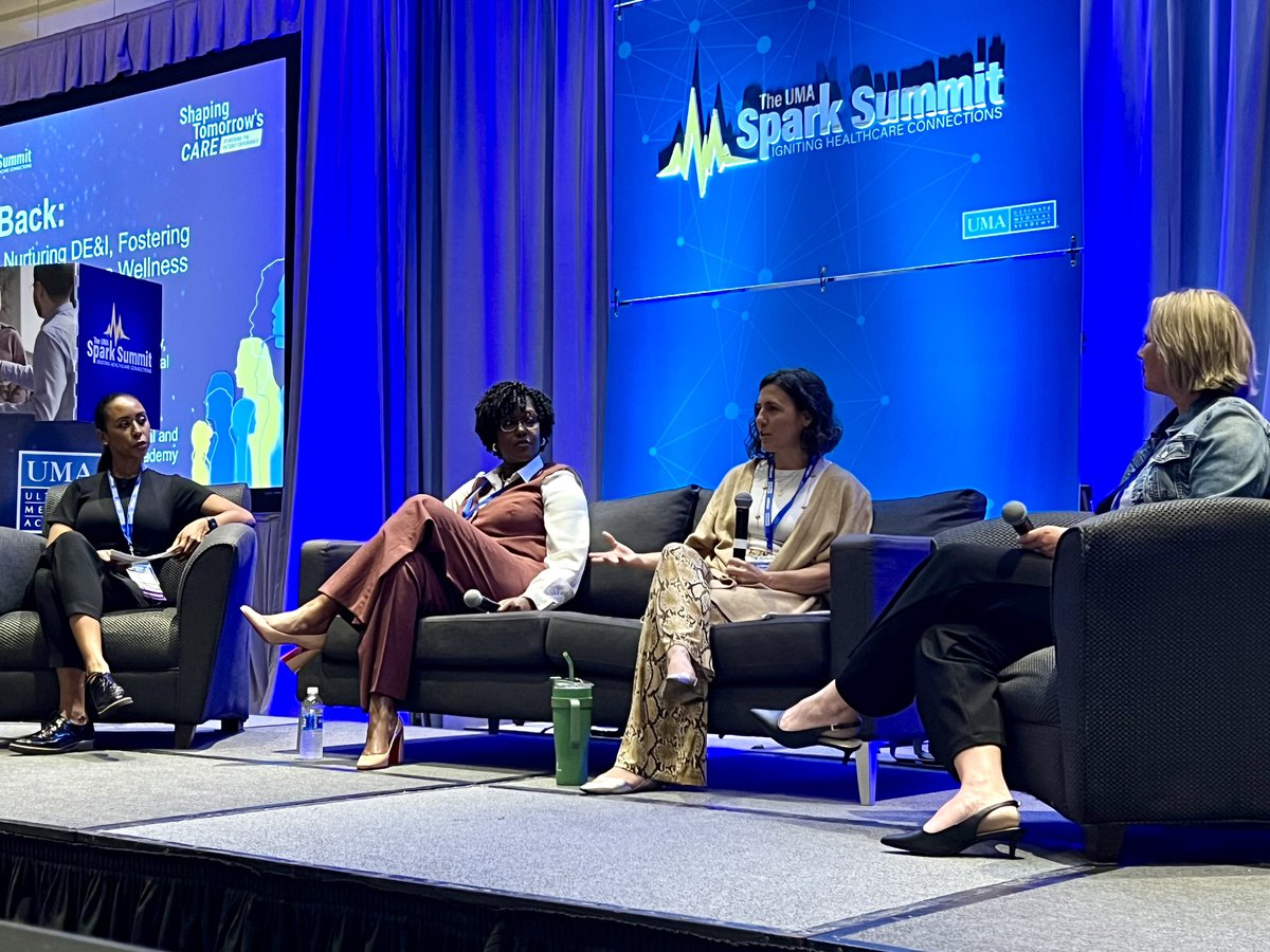 Discussion on #wellnessprograms, nurturing #DEI, & fostering belonging with Holly Carpenter, VP of Delivery & Talent Experience @PowerToFly, & UMA’s Misty Brown Fischer, CPO, Sabrina Griffith Jackson, AVP of DEI, & Jenna Sage, Director of Org Wellness & Wellbeing. #UMASparkSummit