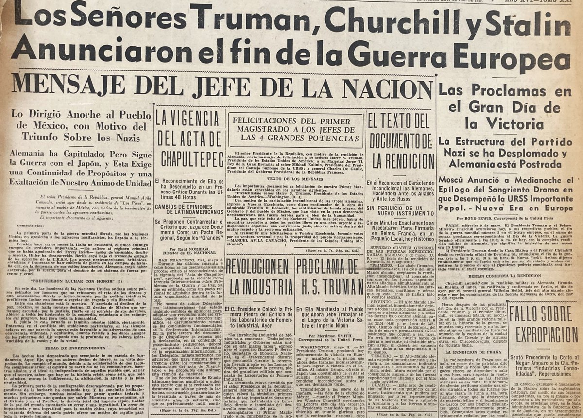 Los periódicos mexicanos publicaron el 9 de mayo de 1945 el texto del documento de la rendición alemana en el que se establecían las cláusulas.
#PrimerasPlanas
El Nacional, 9 de mayo de 1945, Biblioteca-Hemeroteca Ignacio Cubas.