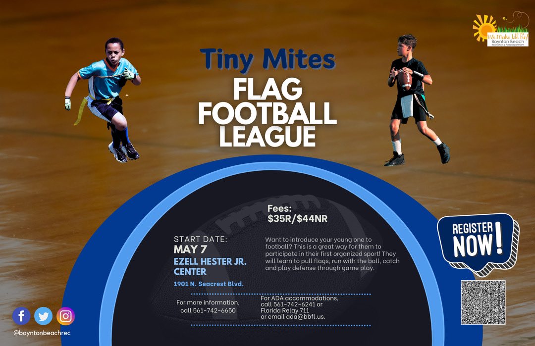 There's still time to join the fun! Registration for our Tiny Mites (ages 3-5) Flag Football League at Ezell Hester Jr. Center is still open. Don't let your youngster miss out on the action - go to bit.ly/BBTinyMites2024 to sign them up today! #TinyMites #WeMakeLifeFun