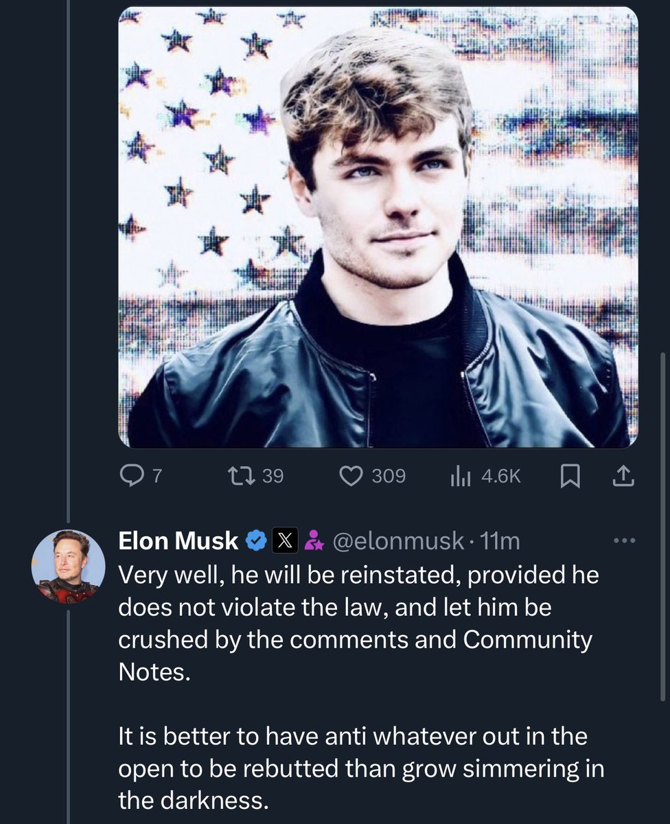 Elon Musk just agreed to reinstate Nick Fuentes on 𝕏 I support this move.