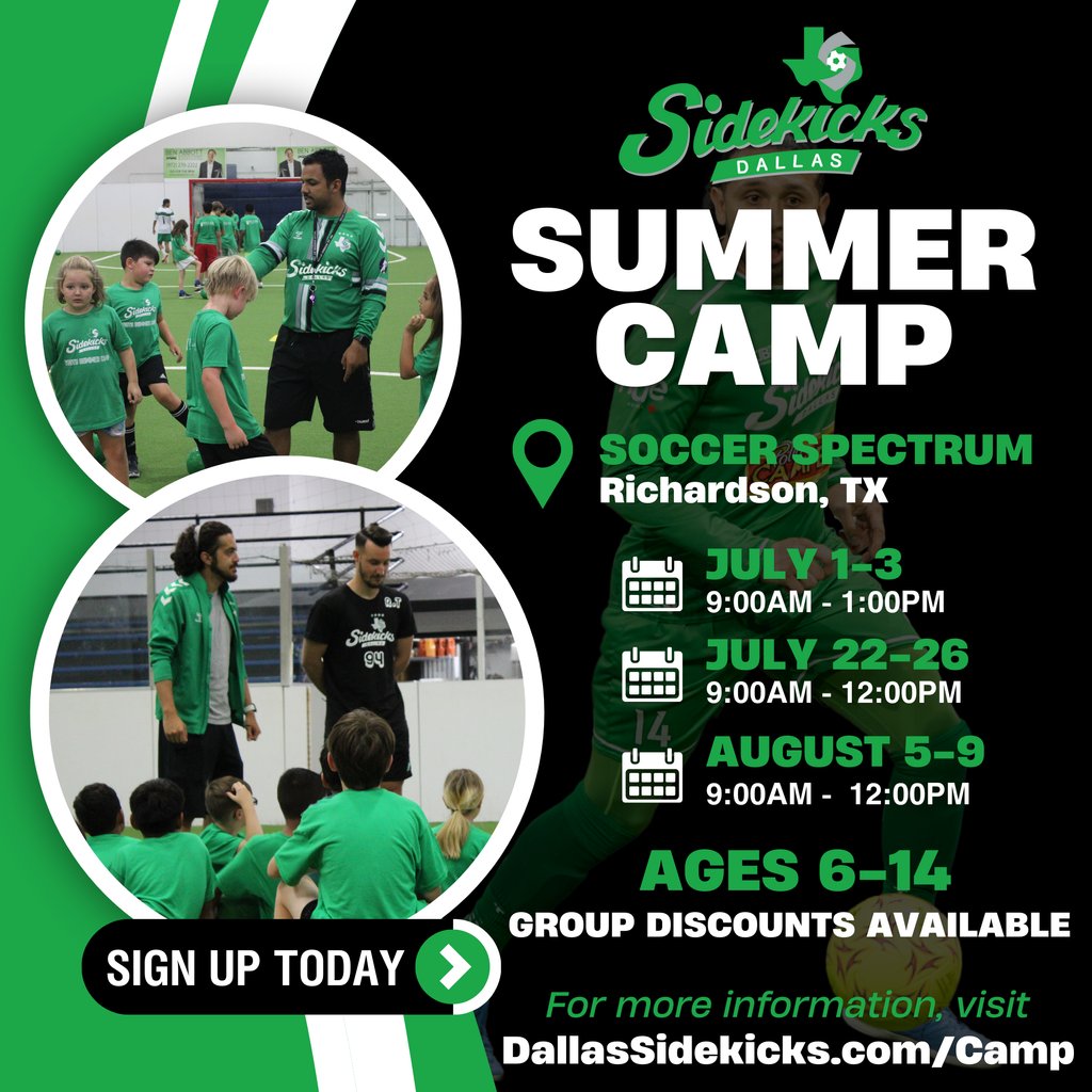Gear up for Dallas Sidekicks Summer Camps! ⚽️ We've got THREE camps for your kiddos this summer, and they're all INDOORS! 🟢 July 1-3 | 9:00-1:00 🟢 July 22-26 | 9:00-12:00 🟢 August 5-9 | 9:00-12:00 For info, call 469-393-0160 or visit DallasSidekicks.com/Camps #SidekicksRising