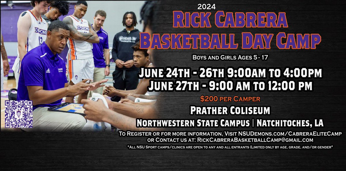 Join us June 24-27th for The “Rick Cabrera Basketball Day Camp” this summer! Scan the QR code to register! #forkem