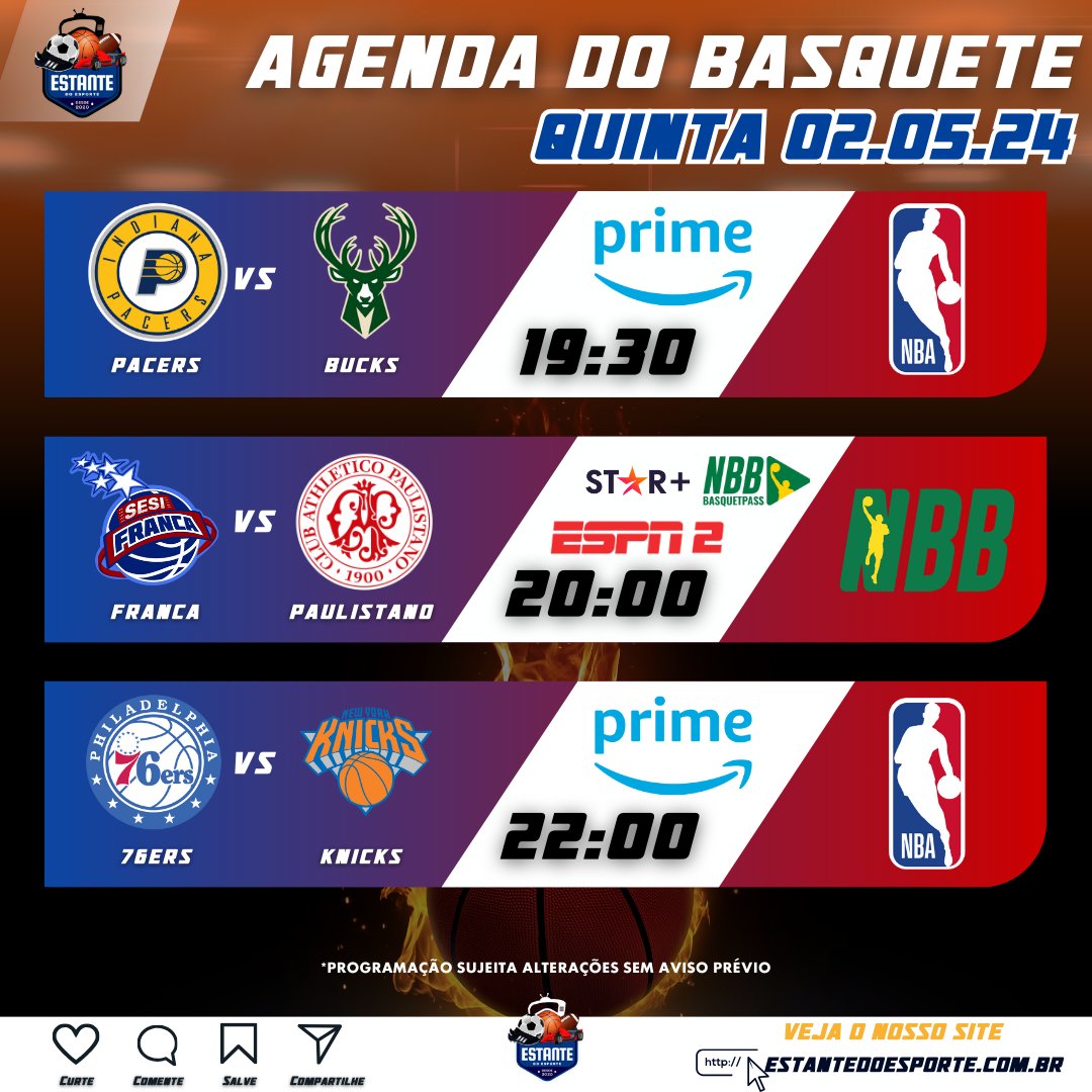 Veja onde e o que assistir o melhor do BASQUETE 🏀

Esse clima de #NBAPlayoffs e as QUARTAS da #NBB está FERVENDO!🔥🏀

Hoje temos transmissões na @primevideosportbr e a @espnbrasil  📺

#NBA #NBAbrasil #NBAPlayoffs #NBBnaESPN #NBAnoPrimeVideo