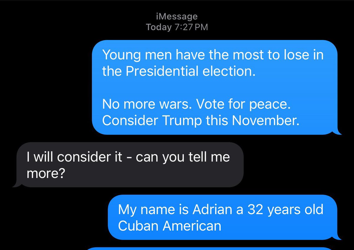 My organization, @EarlyVoteAction, has a text campaign uploaded targeting young registered democrat males in Philadelphia. We are texting an anti-war, pro-peace message that asks then to consider Trump. It’s been very effective. Democrats are losing young minority males.