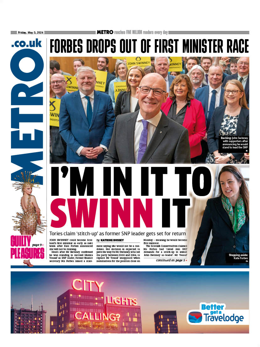 Friday's front page                                            

I’M IN IT TO SWINN IT                  

🔴Forbes drops out of first minister race
🔴Tories claim ‘stitch-up’ as former SNP leader gets set for return

#scotpapers #skypapers #bbcpapers
