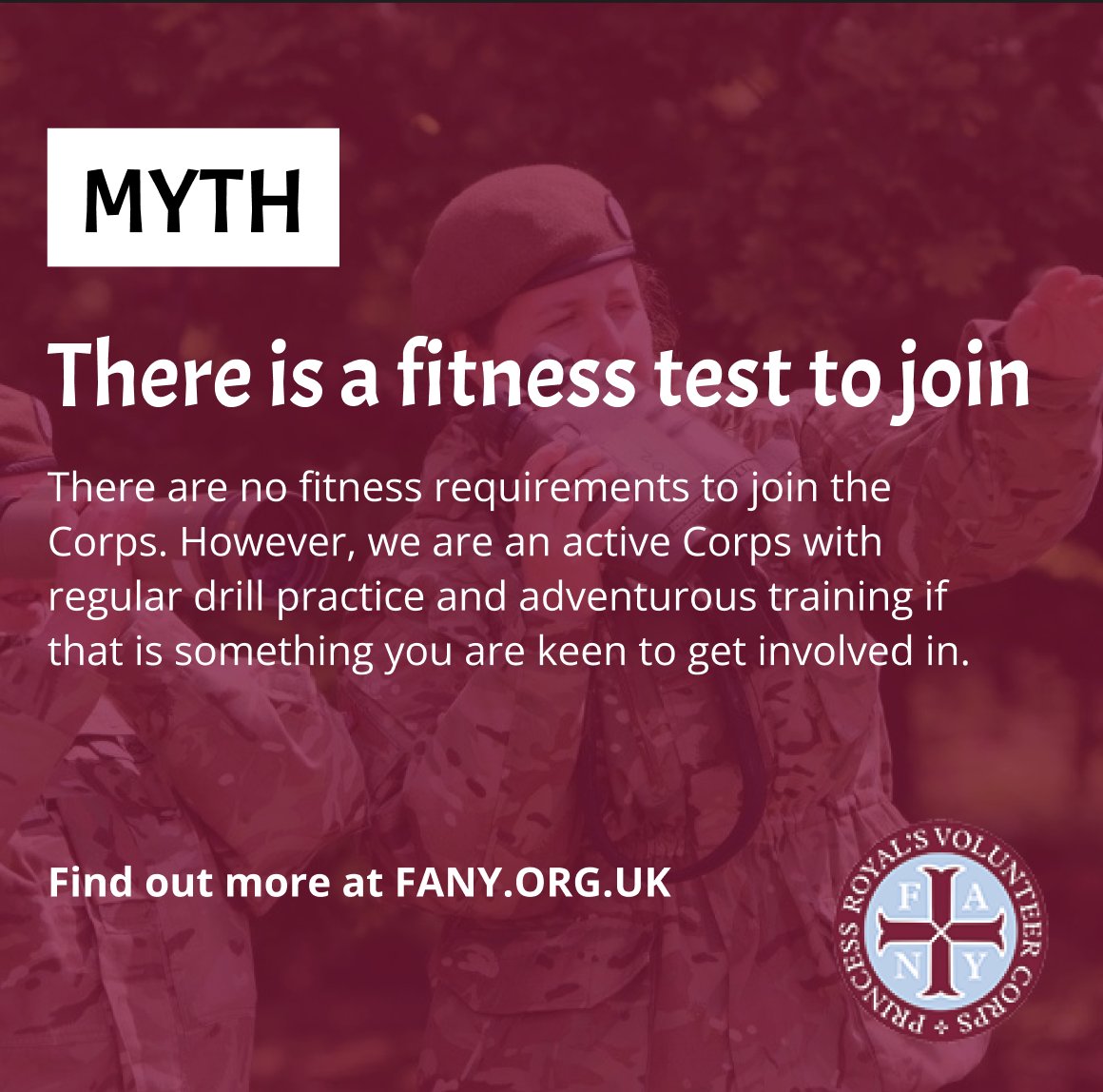 Here's another #myth about the Corps - fitness tests. There are no fitness requirements to join. However, we are an active Corps with regular drill practice and adventurous training if that is something you are keen on. fany.org.uk/Join-us #Mythbusting #JoinUs #Volunteer