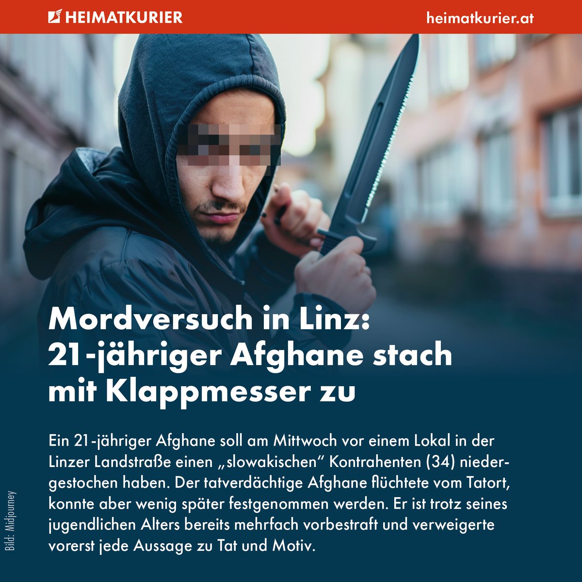 Ein in Linz lebender Afghane (21), der mittlerweile auch die österreichische Staatsbürgerschaft besitzt, soll gestern plötzlich ein 20 Zentimeter langes Klappmesser gezogen haben. Dieses soll er einem 34-jährigen „Slowaken” – vermutlich ein Angehöriger des „fahrenden Volkes” – in…