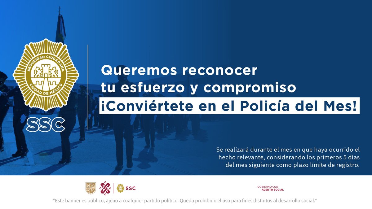 #CiudadSegura | En la #SSC reconocemos el esfuerzo y compromiso de nuestros compañeros policías. Sé parte del proceso de selección y conviértete en el #PolicíaDelMes 🏅. Regístrate 👉🏼 bit.ly/3qnNhwT. #SomosSSC 👮🏻👮🏻‍♂️