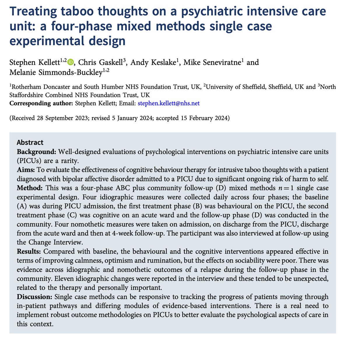 BCP New FirstView paper: Treating taboo thoughts on a psychiatric intensive care unit: a four-phase mixed methods single case experimental design Full free text at buff.ly/4a2jjja