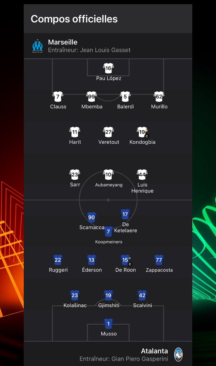 Les compos, avec Luis Henrique et Mbemba côté marseillais. #OMAtalanta